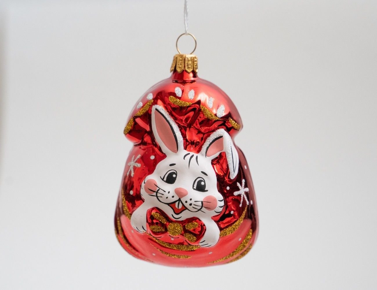 Стеклянная ёлочная игрушка подарок - кролик, красный, 85 мм, елочка