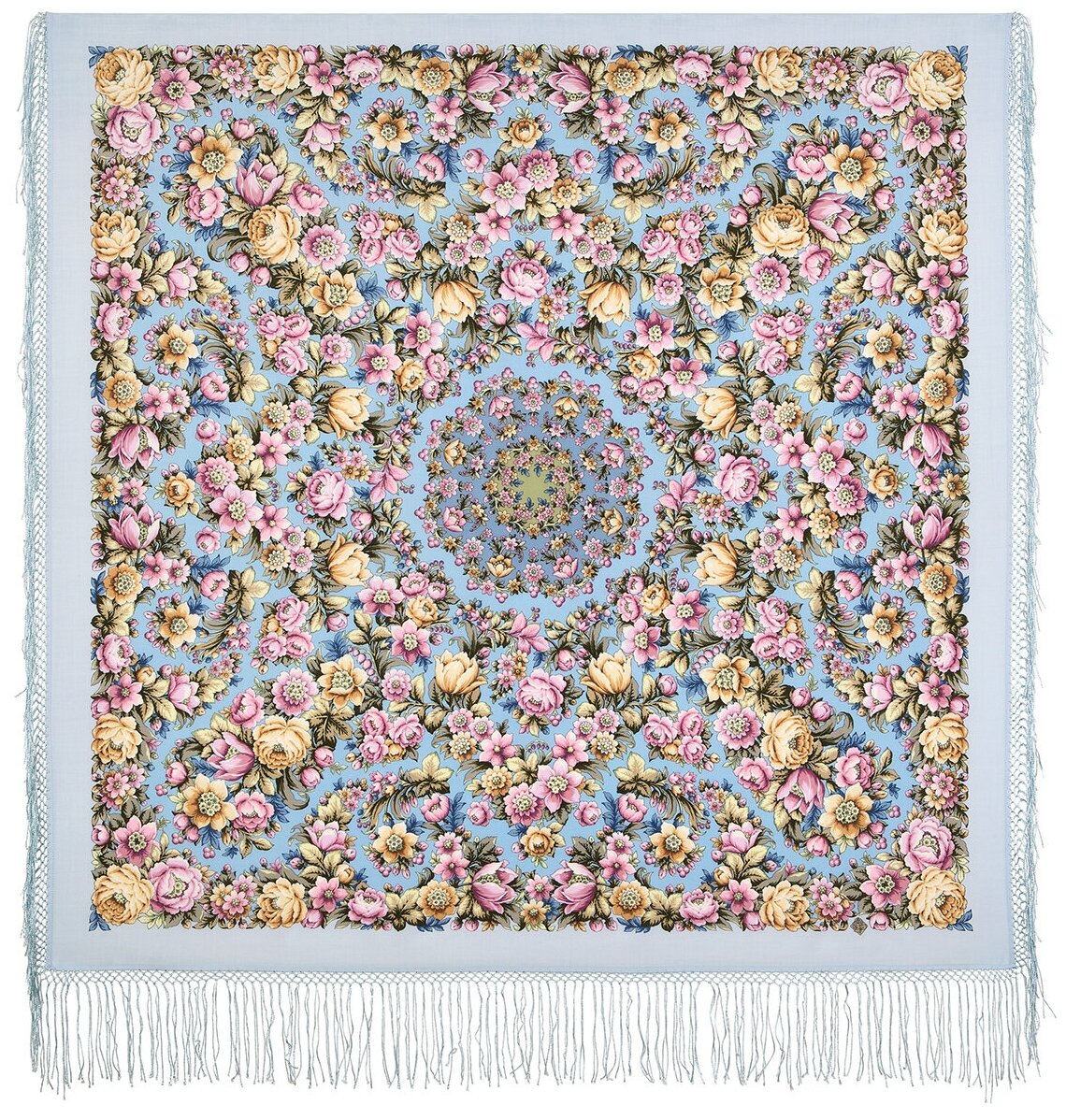 Павловопосадский шерстяной платок с шелковой бахромой, 1891 соловьиные ночи, вид 1, мультиколор
