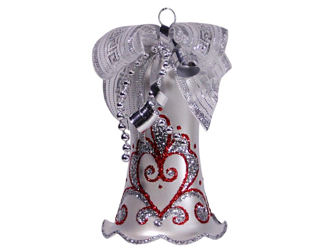 Елочное украшение колокольчик серебристый, красный орнамент, 85 мм, елочка