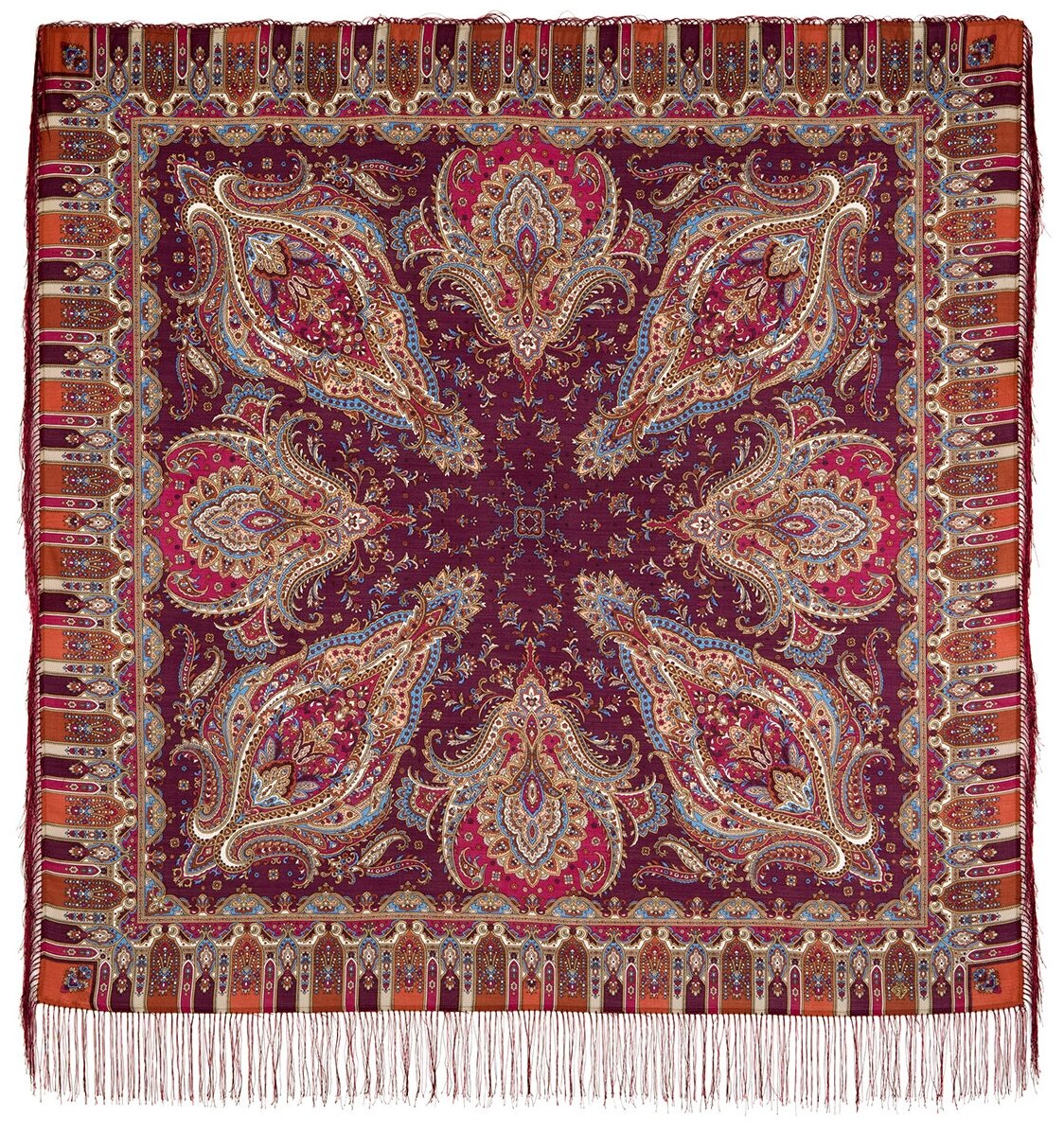 Павловопосадские платки/шерстяной платок с шелковой бахромой, 1683 мечта хрустальная, вид 57, бордовый