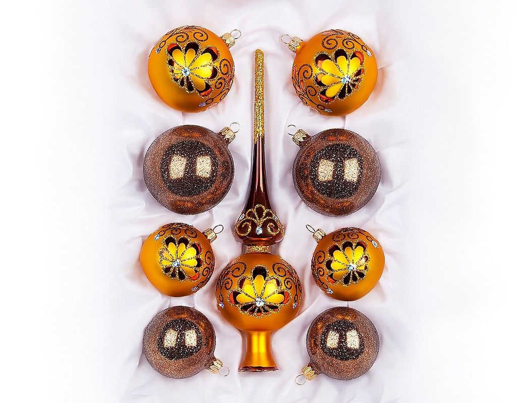 Набор ёлочных игрушек грёзы, верхушка+4х60 мм+4х75 мм, оранжевый с коричневым, елочка